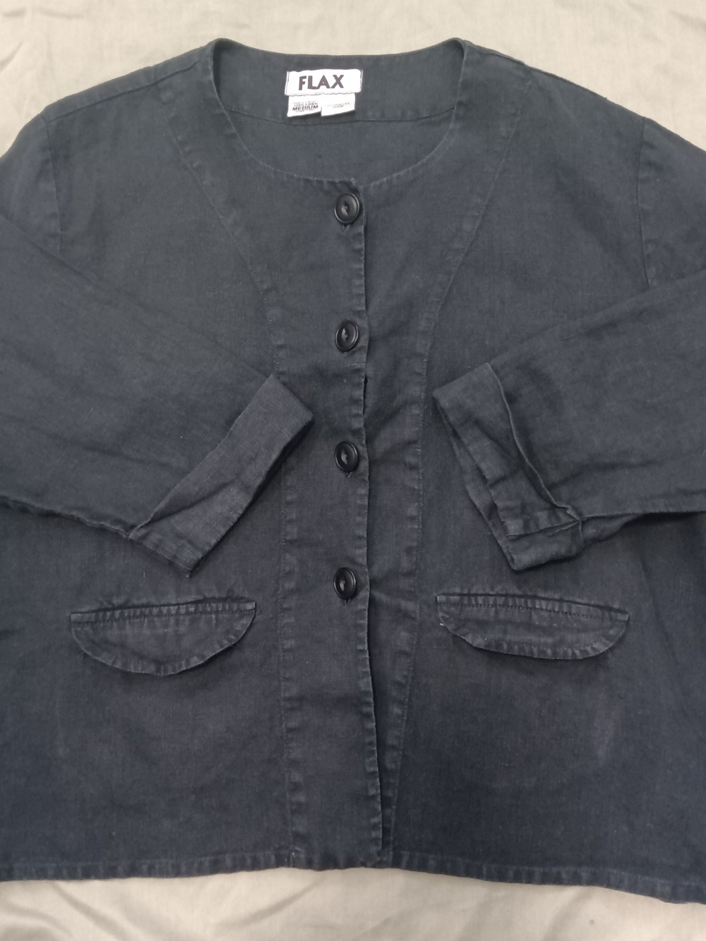 Flax Black Linen Round-Neck Button Medium Lagenlook Jacket Two Pockets
